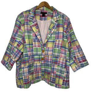 Lily Stanhope Madras Plaid Blazer Size 2X Cotton Pockets Preppy